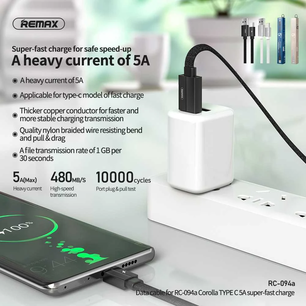 Remax Kerolla duomenų kabelis RC-094a 2m (USB – Type C): Spalva - Juoda