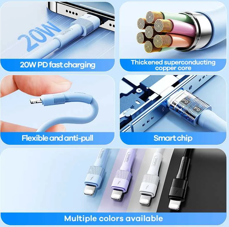 Greito įkrovimo kabelis REMAX RC-C056 20W PD skystas silikonas USB-C į Lightning, 1m: Spalva - Violetinė