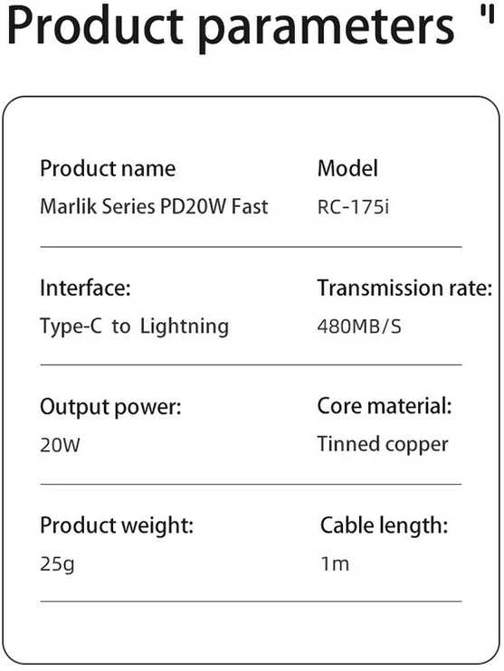 Greito įkrovimo kabelis REMAX RC-175i 20W PD USB-C į Lightning, 1m: Spalva - Balta