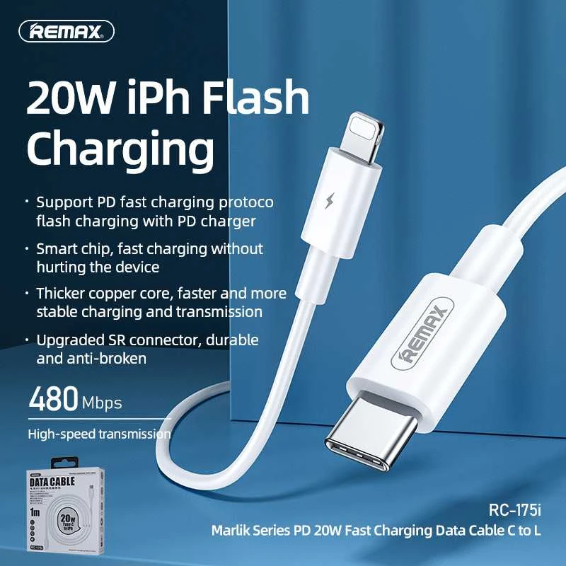 Greito įkrovimo kabelis REMAX RC-175i 20W PD USB-C į Lightning, 1m: Spalva - Balta