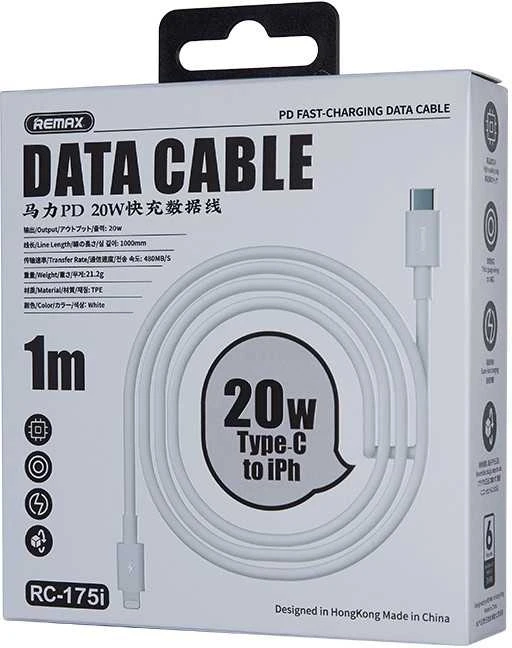 Greito įkrovimo kabelis REMAX RC-175i 20W PD USB-C į Lightning, 1m: Spalva - Balta