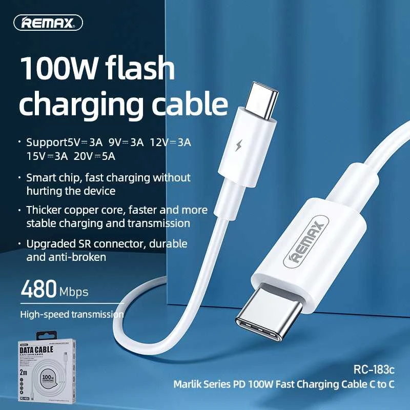 USB-C laidas su USB-C Remax Marlik, 2m, 100W (baltas)