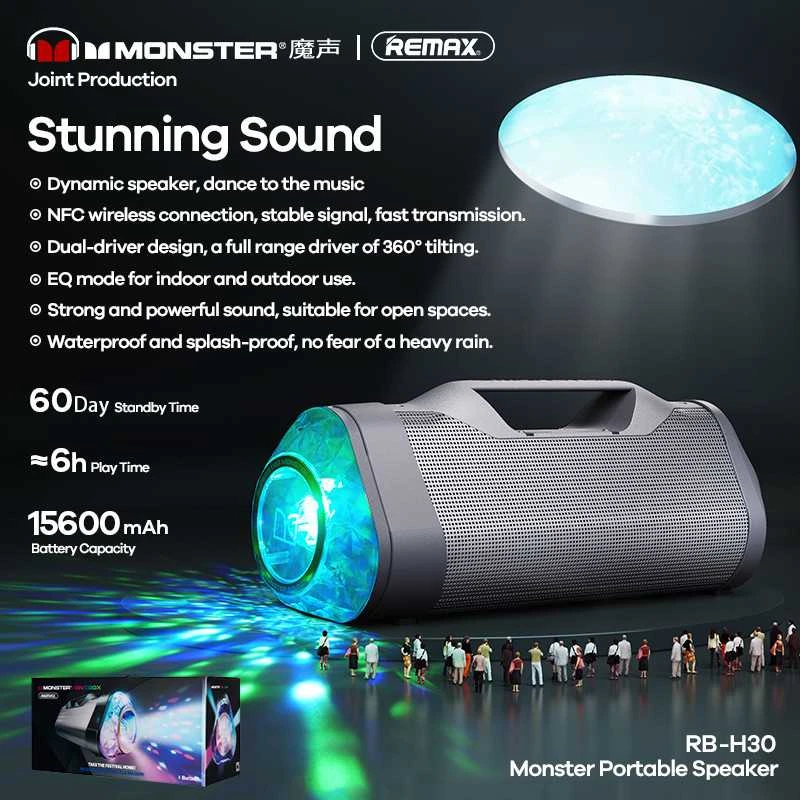 Nešiojamas belaidis garsiakalbis REMAX MONSTER RB-H30 15600mAh su NFC ir LED šviesomis: Spalva - Pilka