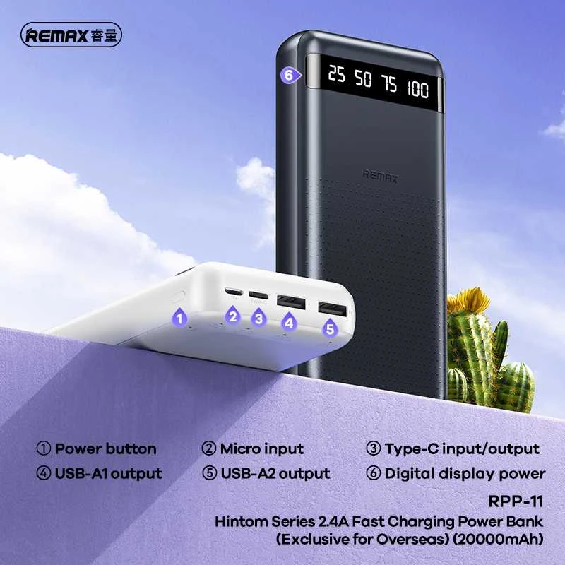 Išorinė baterija (Powerbank) REMAX RPP-11 20000mAh 2.4A USB ir USB-C, juoda