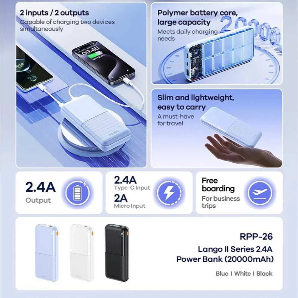 Išorinė baterija (Powerbank) REMAX RPP-26 20000mAh 2.4A 2×USB, balta