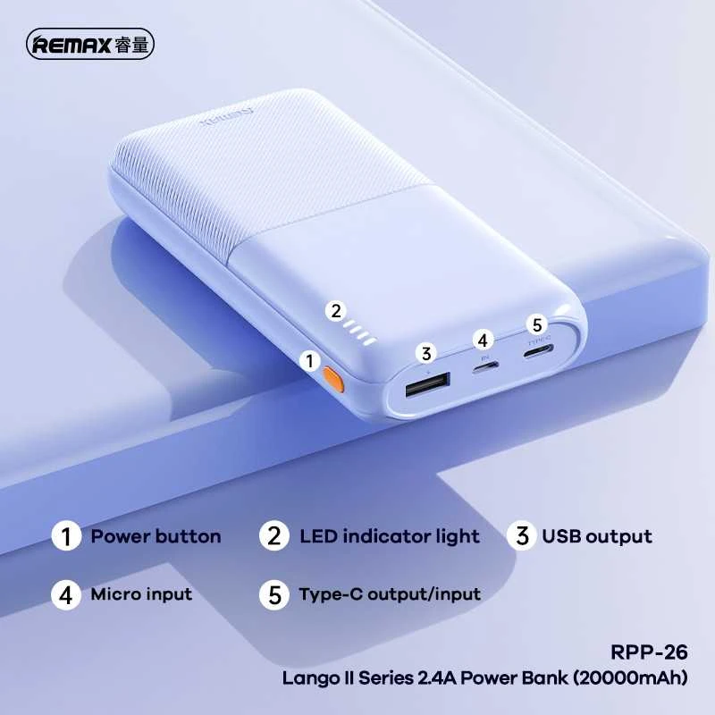 Išorinė baterija (Powerbank) REMAX RPP-26 20000mAh 2.4A 2×USB, šviesiai mėlyna