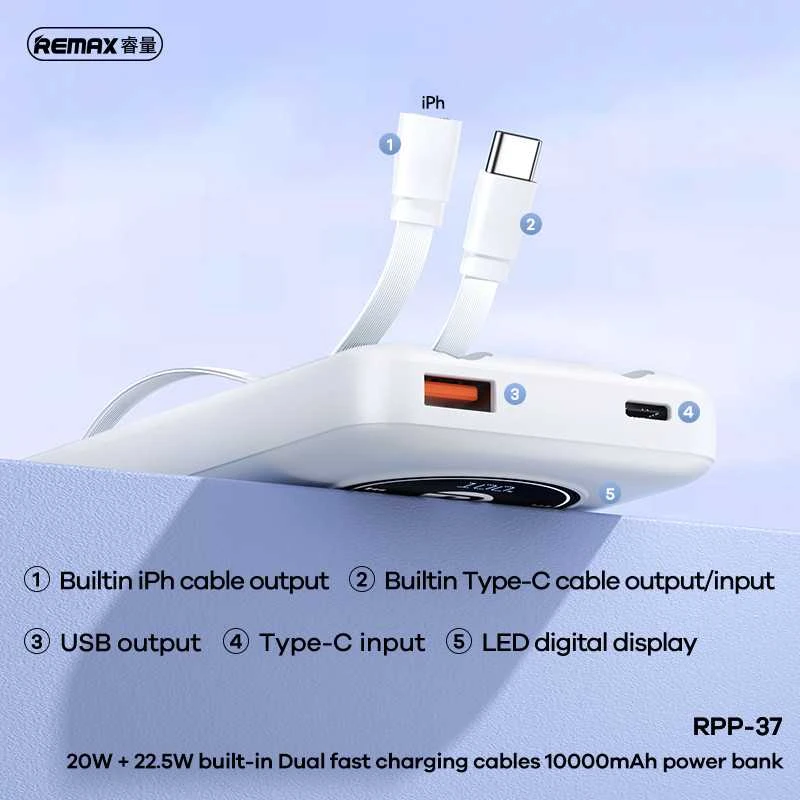 Išorinė baterija (Powerbank) REMAX RPP-37 10000mAh 2.1A 2×USB, balta