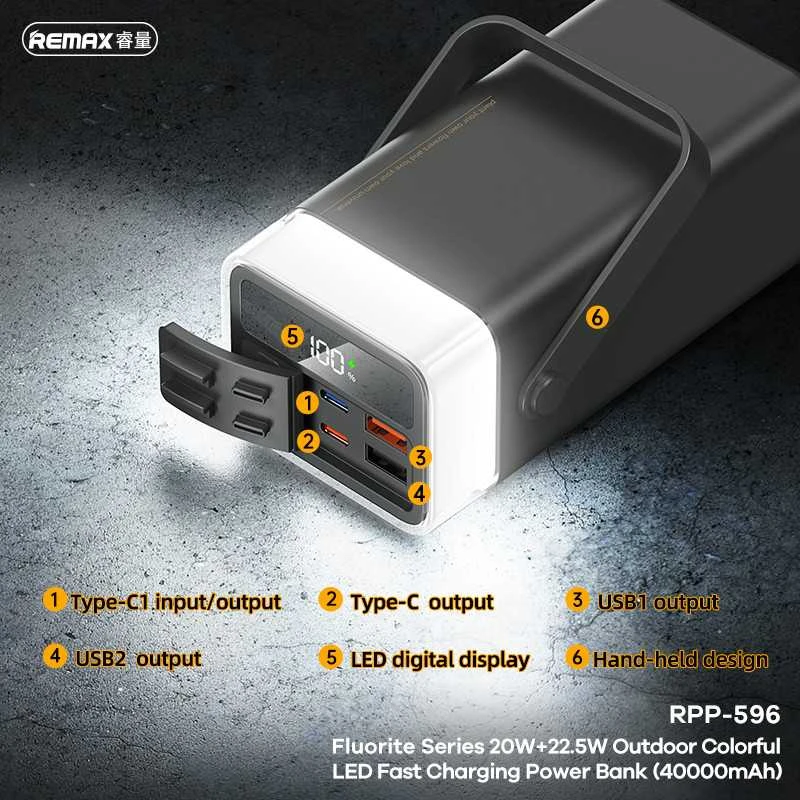 Greito įkrovimo išorinė baterija (Powerbank) REMAX RPP-596 40000mAh 22.5W su LED šviestuvu, geltona
