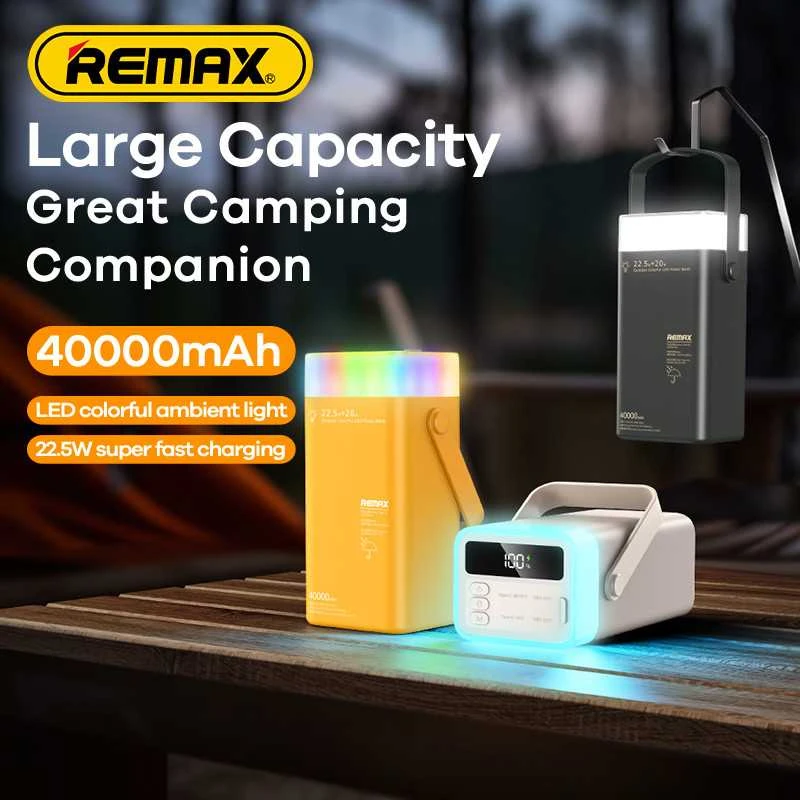 Greito įkrovimo išorinė baterija (Powerbank) REMAX RPP-596 40000mAh 22.5W su LED šviestuvu, geltona