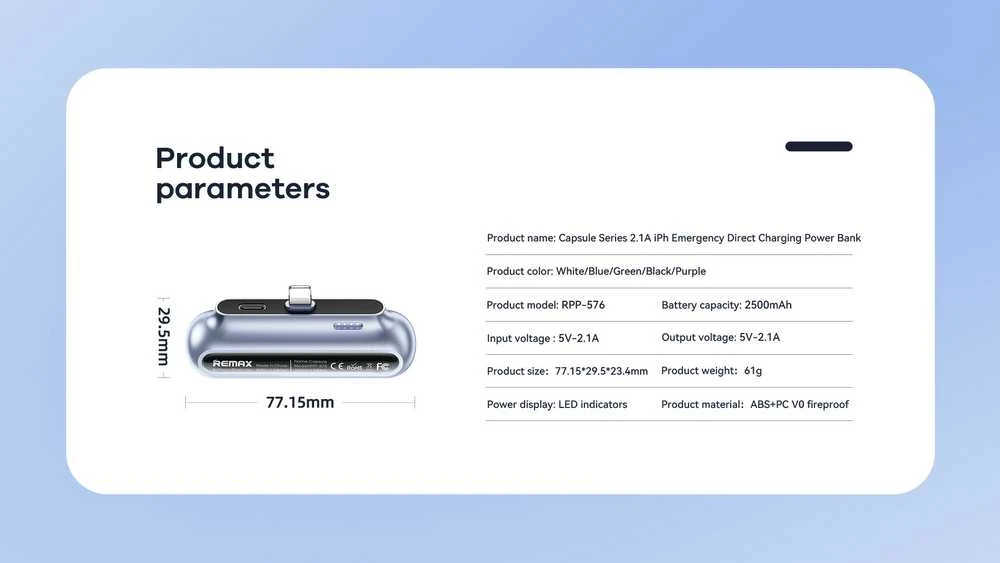 Avarinė tiesioginio įkrovimo išorinė baterija (Powerbank) REMAX RPP-576 2500mAh, skirta iPhone Lightning, balta