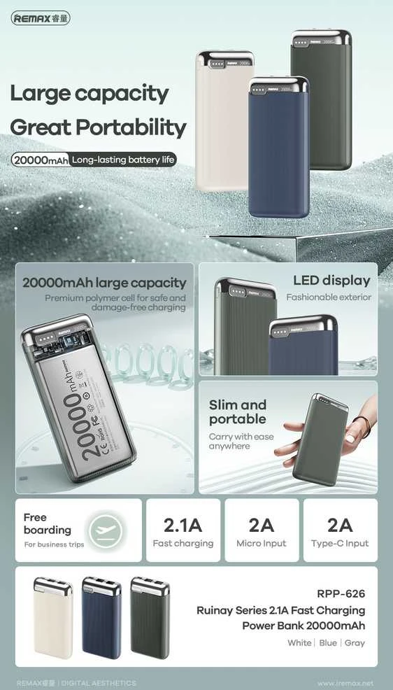 Išorinė baterija (Powerbank) REMAX RPP-626 20000mAh 2.1A su 2× USB, tamsiai mėlyna
