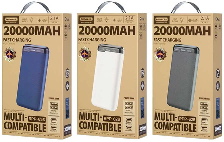 Išorinė baterija (Powerbank) REMAX RPP-626 20000mAh 2.1A su 2× USB, tamsiai mėlyna