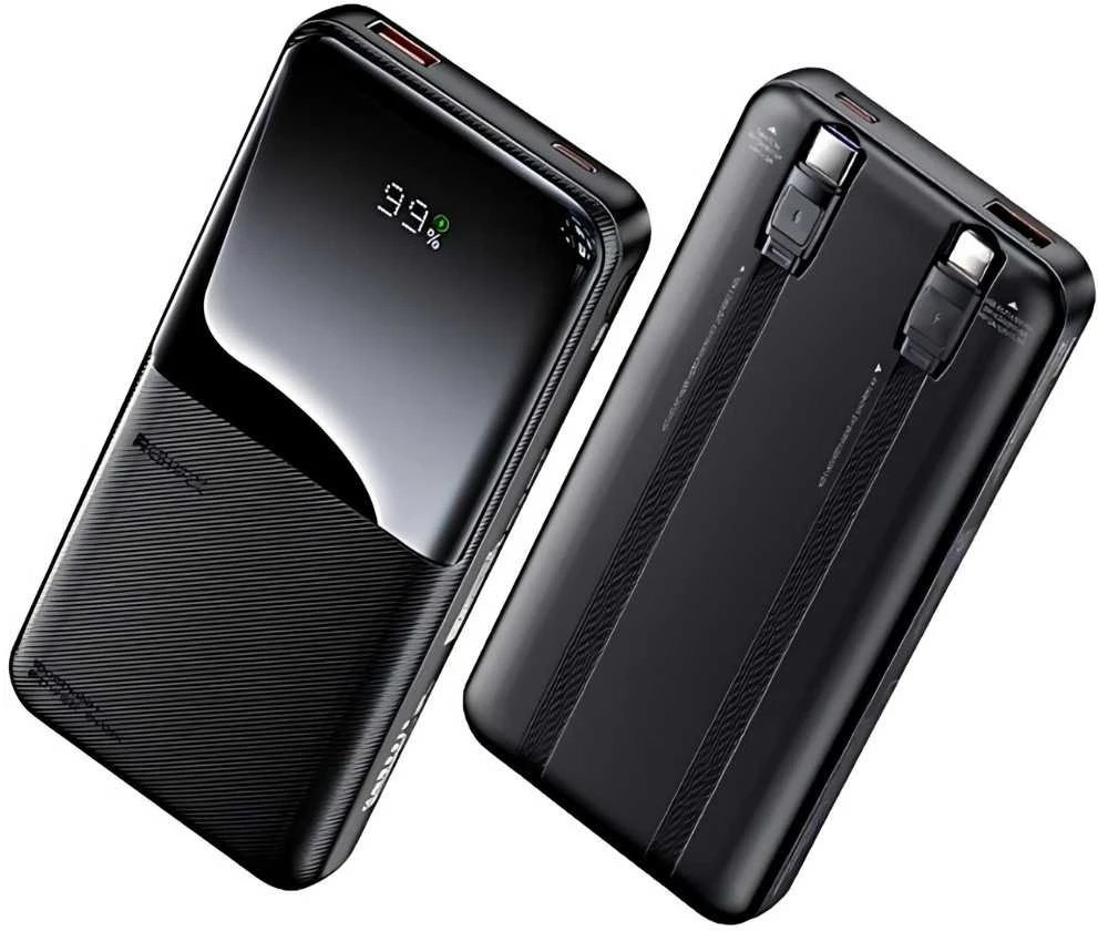 Greito įkrovimo išorinė baterija (Powerbank) REMAX RPP-679 10000mAh su 2 įmontuotais kabeliais, juoda