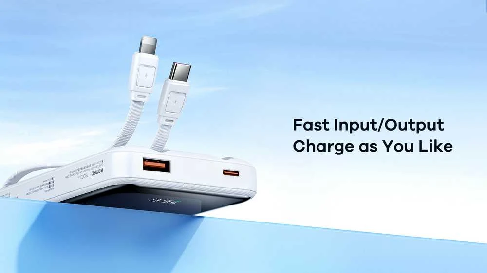Greito įkrovimo išorinė baterija (Powerbank) REMAX RPP-679 10000mAh su 2 įmontuotais kabeliais, juoda
