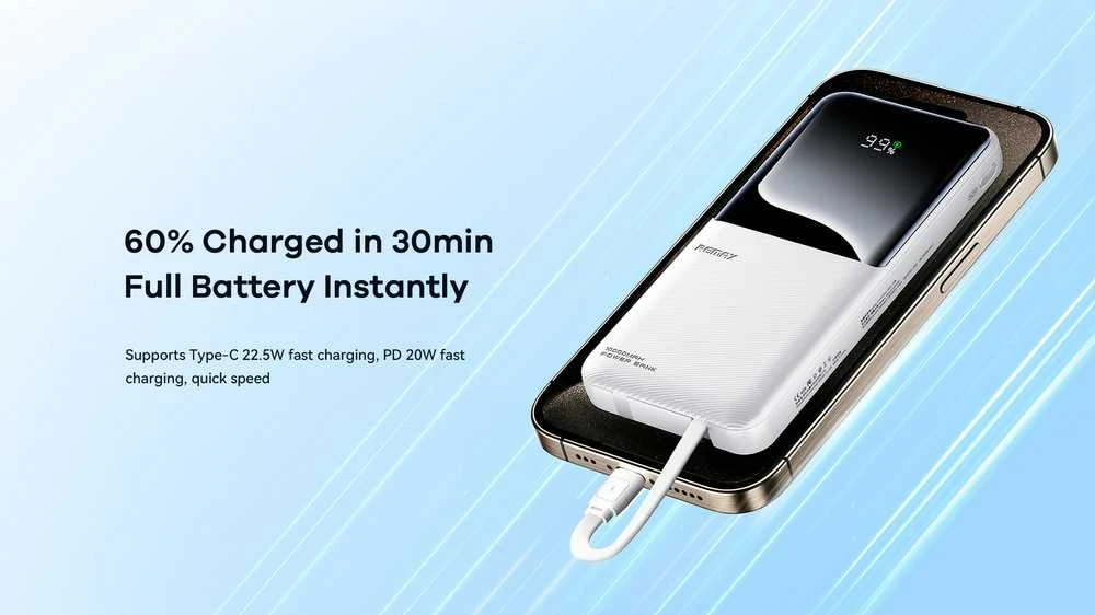 Greito įkrovimo išorinė baterija (Powerbank) REMAX RPP-679 10000mAh su 2 įmontuotais kabeliais, juoda