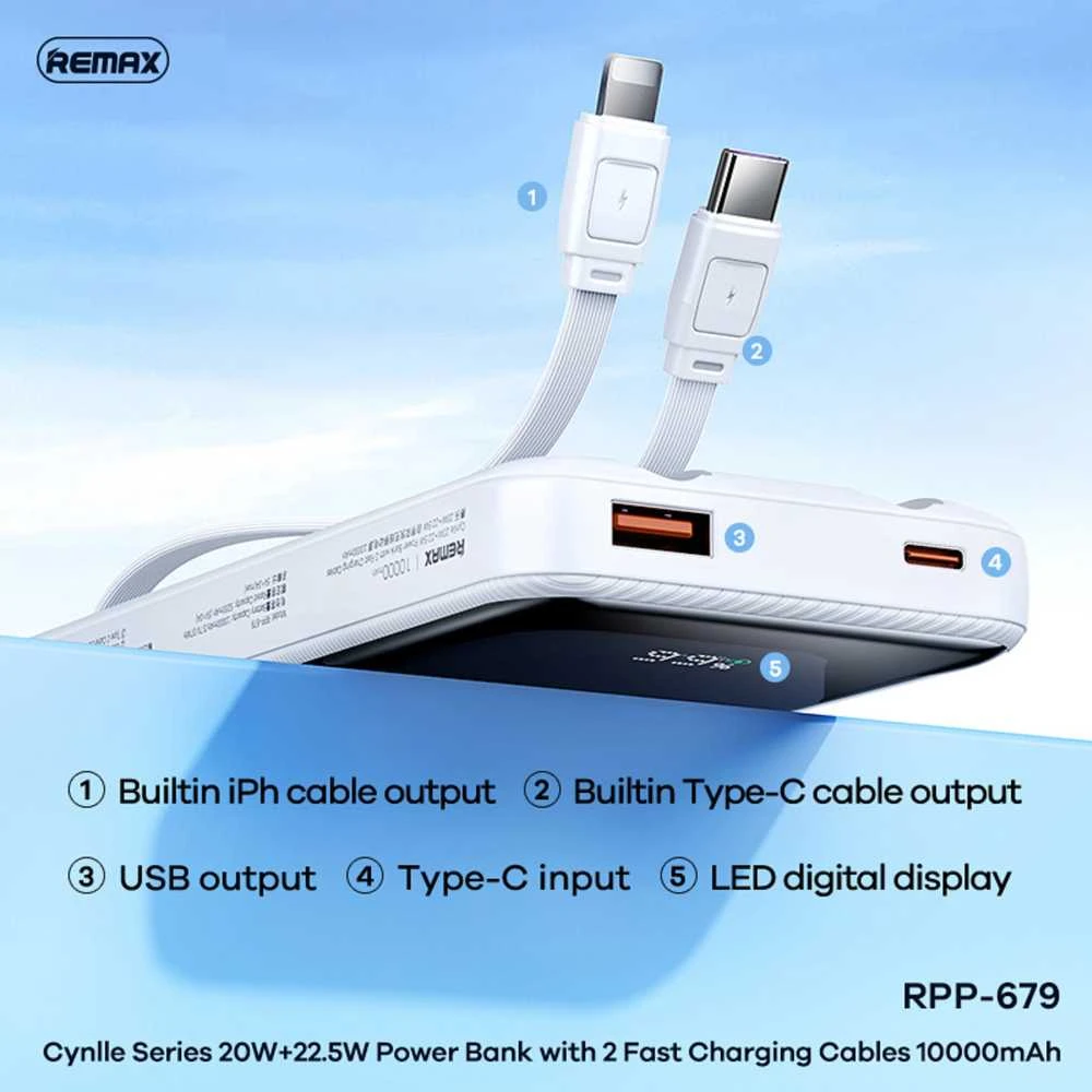 Greito įkrovimo išorinė baterija (Powerbank) REMAX RPP-679 10000mAh su 2 įmontuotais kabeliais, juoda