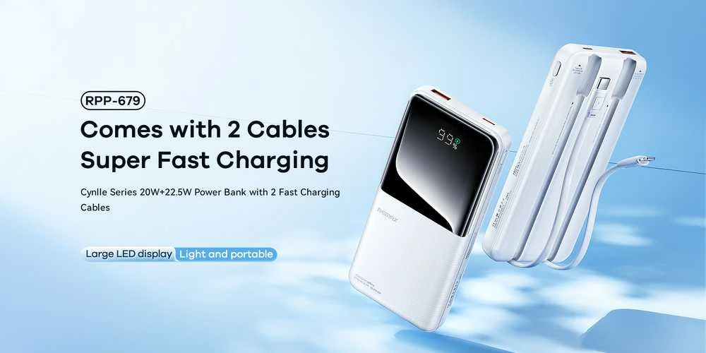Greito įkrovimo išorinė baterija (Powerbank) REMAX RPP-679 10000mAh su 2 įmontuotais kabeliais, juoda
