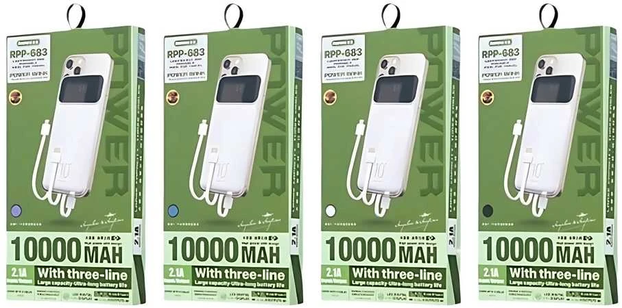 Išorinė baterija (Powerbank) REMAX RPP-683 10000mAh 2.1A su įmontuotu kabeliu ir ekranu, juoda
