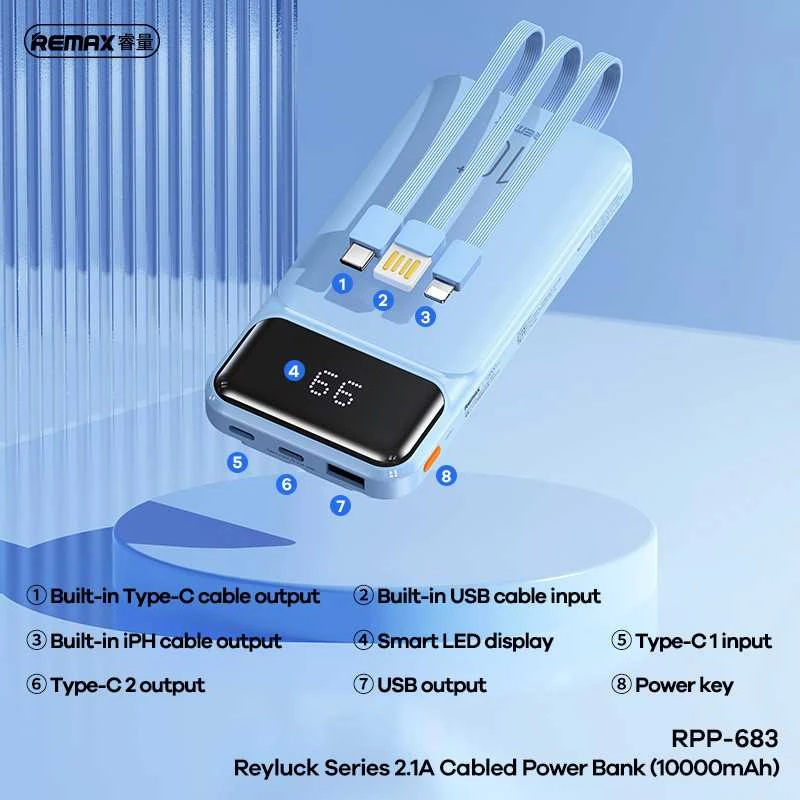 Išorinė baterija (Powerbank) REMAX RPP-683 10000mAh 2.1A su įmontuotu kabeliu ir ekranu, juoda