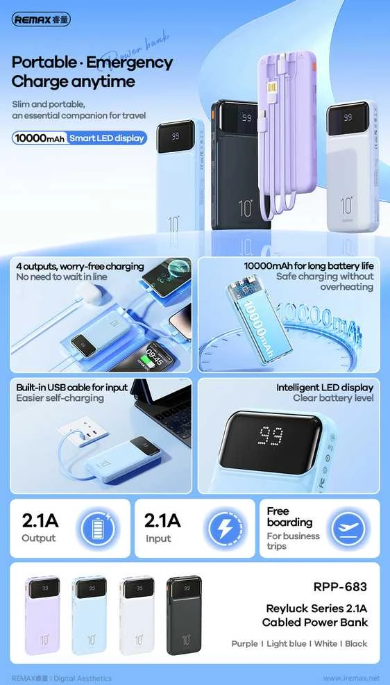 Išorinė baterija (Powerbank) REMAX RPP-683 10000mAh 2.1A su įmontuotu kabeliu ir ekranu, juoda