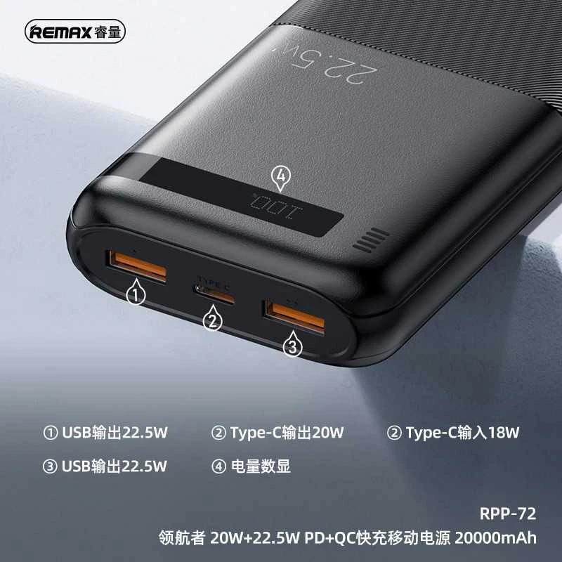 Greito įkrovimo išorinė baterija (Powerbank) REMAX RPP-72 20000mAh 22.5W QC + 20W PD, juoda