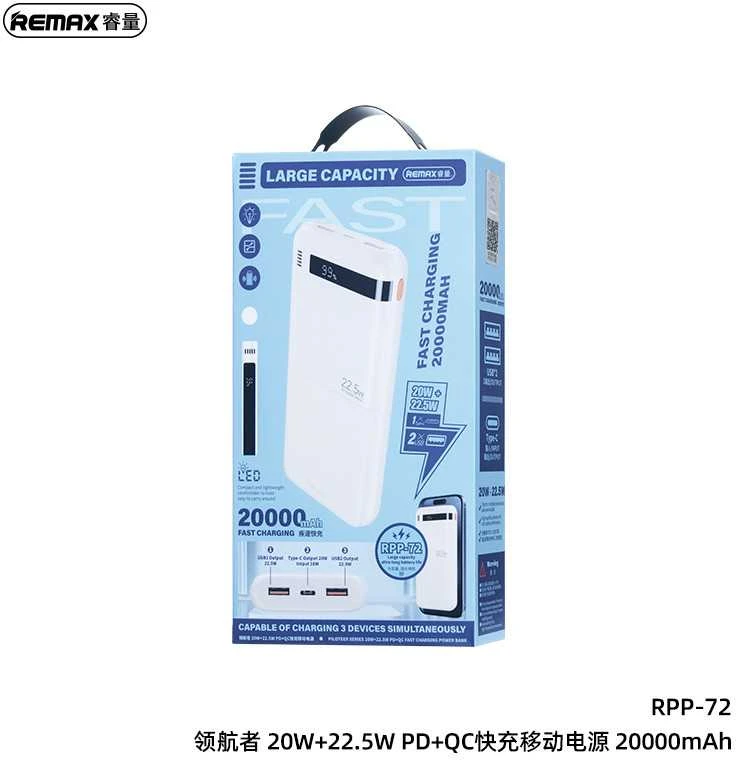 Greito įkrovimo išorinė baterija (Powerbank) REMAX RPP-72 20000mAh 22.5W QC + 20W PD, juoda