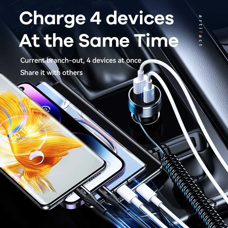 Automobilinis įkroviklis REMAX RCC336 52.5W su USB-C + Lightning spyruokliniu kabeliu, greitas