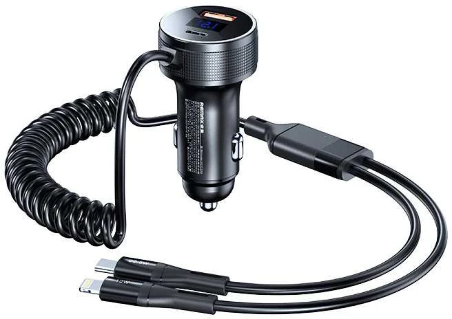 Automobilinis įkroviklis REMAX RCC336 52.5W su USB-C + Lightning spyruokliniu kabeliu, greitas