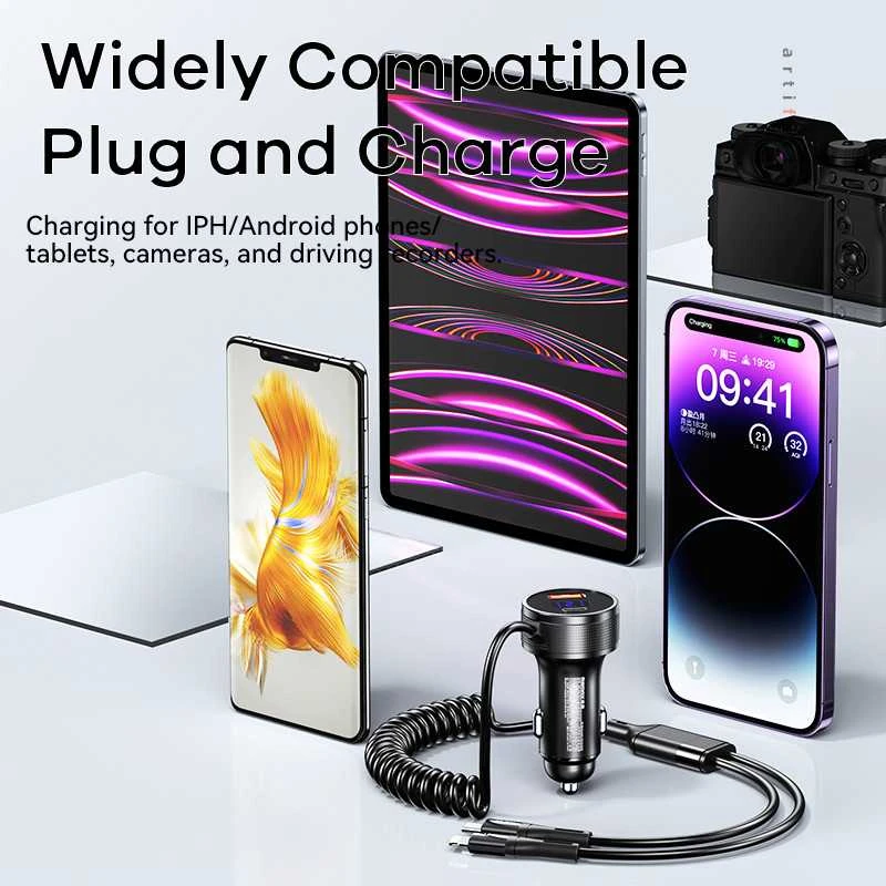 Automobilinis įkroviklis REMAX RCC336 52.5W su USB-C + Lightning spyruokliniu kabeliu, greitas