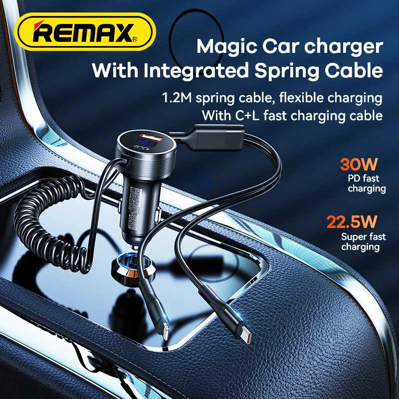 Automobilinis įkroviklis REMAX RCC336 52.5W su USB-C + Lightning spyruokliniu kabeliu, greitas