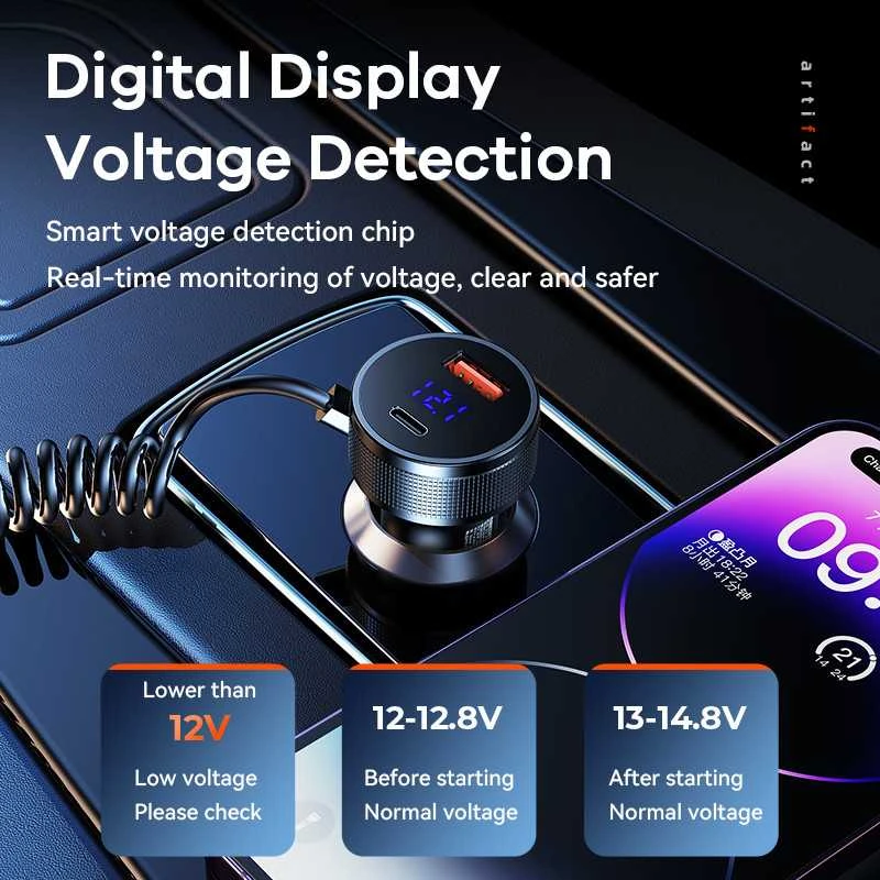 Automobilinis įkroviklis REMAX RCC336 52.5W su USB-C + Lightning spyruokliniu kabeliu, greitas