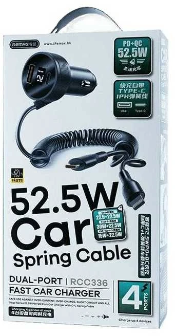 Automobilinis įkroviklis REMAX RCC336 52.5W su USB-C + Lightning spyruokliniu kabeliu, greitas