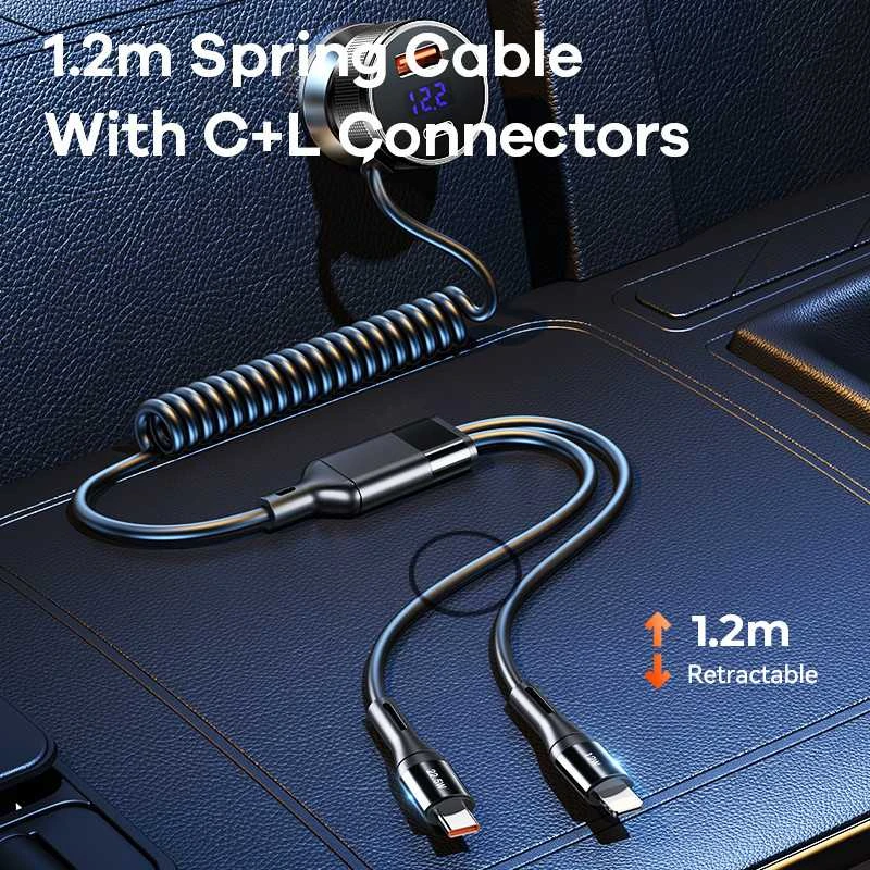 Automobilinis įkroviklis REMAX RCC336 52.5W su USB-C + Lightning spyruokliniu kabeliu, greitas