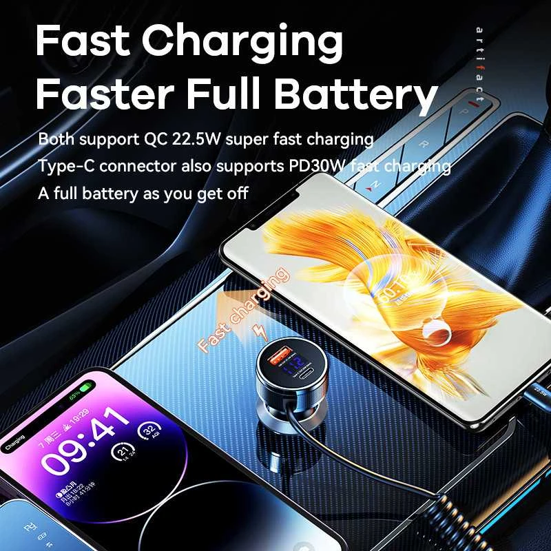 Automobilinis įkroviklis REMAX RCC336 52.5W su USB-C + Lightning spyruokliniu kabeliu, greitas