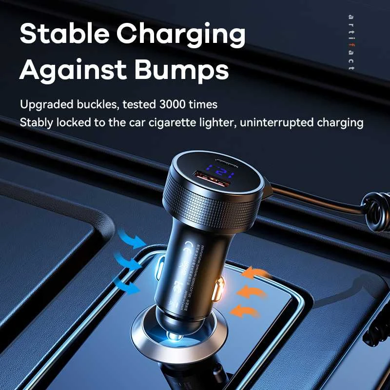 Automobilinis įkroviklis REMAX RCC336 52.5W su USB-C + Lightning spyruokliniu kabeliu, greitas