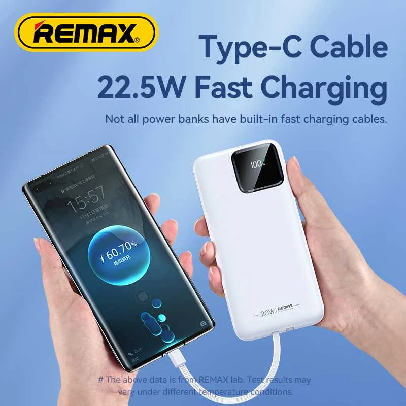 Išorinė baterija (Powerbank) REMAX RPP-500 10000mAh su įmontuotais Type-C ir Lightning kabeliais, juoda: Spalva - Šviesiai mėlyna