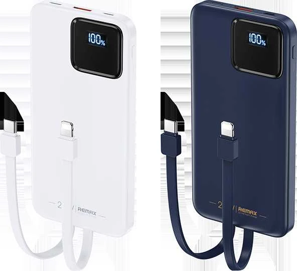Išorinė baterija (Powerbank) REMAX RPP-500 10000mAh su įmontuotais Type-C ir Lightning kabeliais, juoda: Spalva - Šviesiai mėlyna