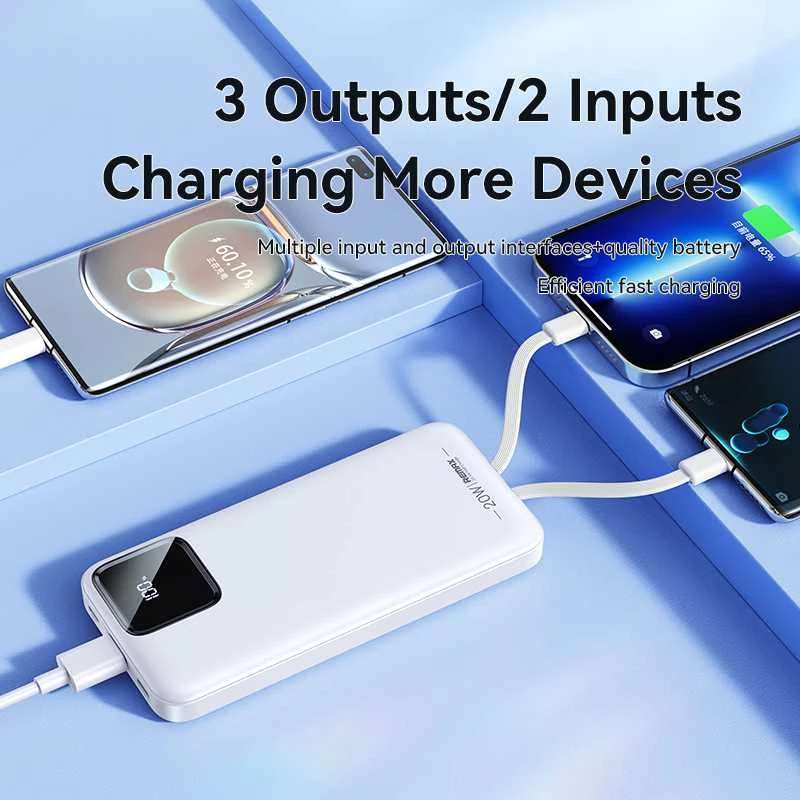 Išorinė baterija (Powerbank) REMAX RPP-500 10000mAh su įmontuotais Type-C ir Lightning kabeliais, juoda: Spalva - Šviesiai mėlyna