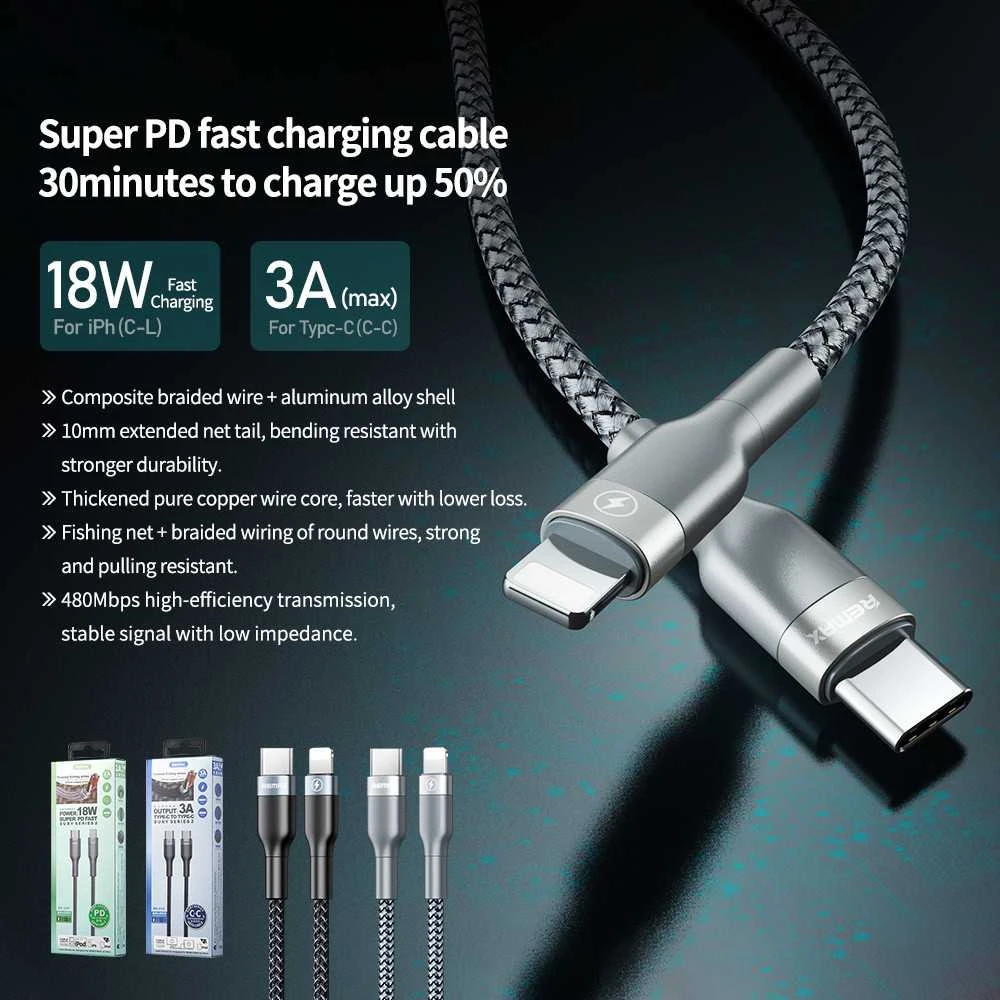 Greito įkrovimo kabelis REMAX RC-009 18W PD USB-C į Lightning: Spalva - Sidabrinė