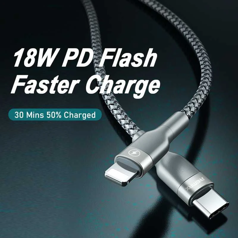 Greito įkrovimo kabelis REMAX RC-009 18W PD USB-C į Lightning: Spalva - Sidabrinė