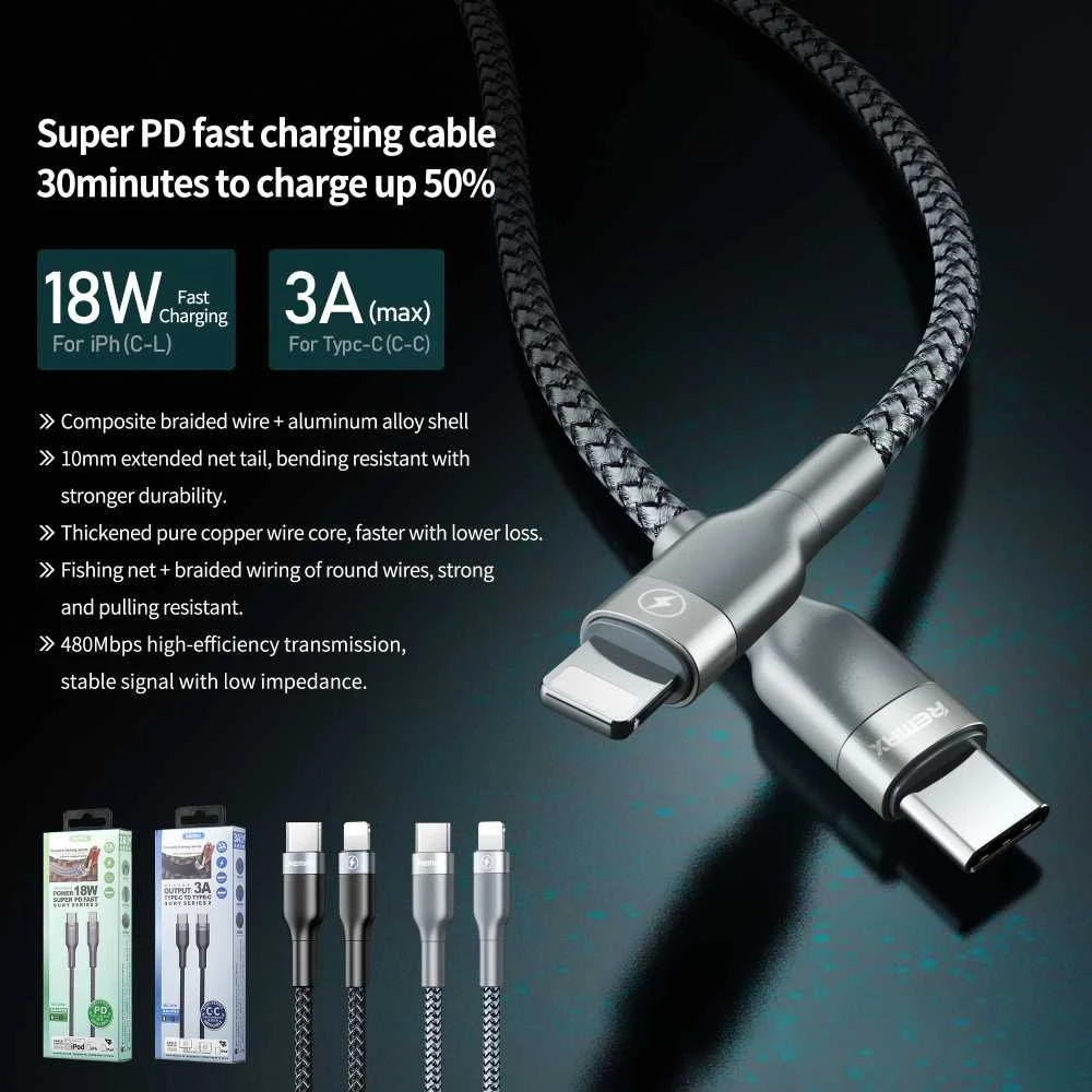 Greito įkrovimo kabelis REMAX RC-009 18W PD USB-C į Lightning: Spalva - Sidabrinė