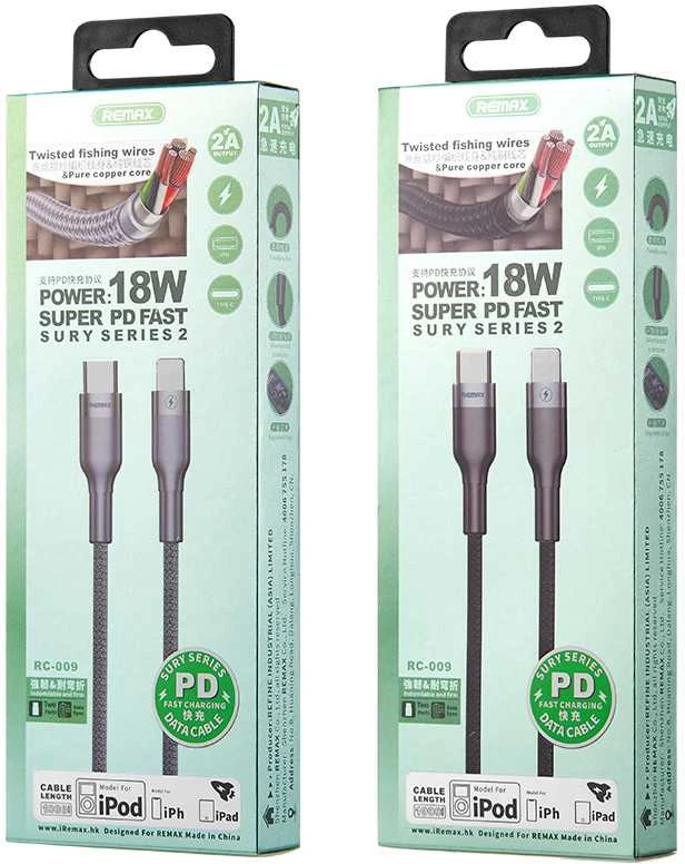 Greito įkrovimo kabelis REMAX RC-009 18W PD USB-C į Lightning: Spalva - Sidabrinė
