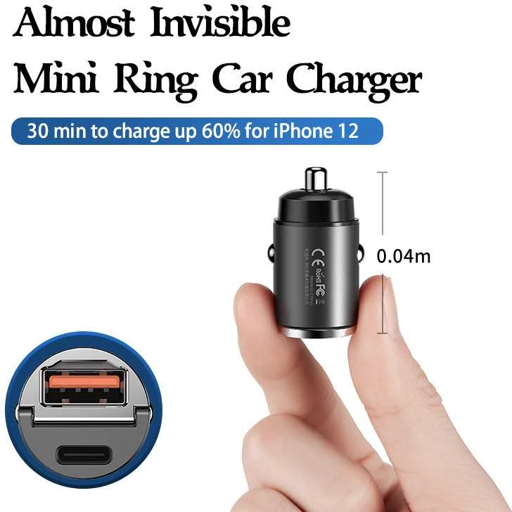 Automobilinis įkroviklis REMAX RCC110 Mini 30W USB + USB-C, greitas: Spalva - Tamsiai pilka