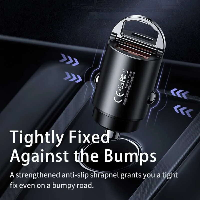 Automobilinis įkroviklis REMAX RCC110 Mini 30W USB + USB-C, greitas: Spalva - Tamsiai pilka