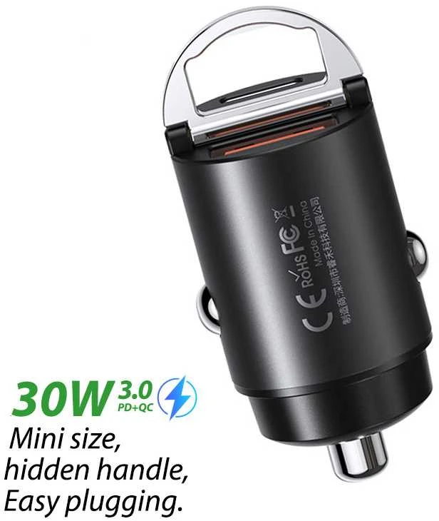 Automobilinis įkroviklis REMAX RCC110 Mini 30W USB + USB-C, greitas: Spalva - Juoda
