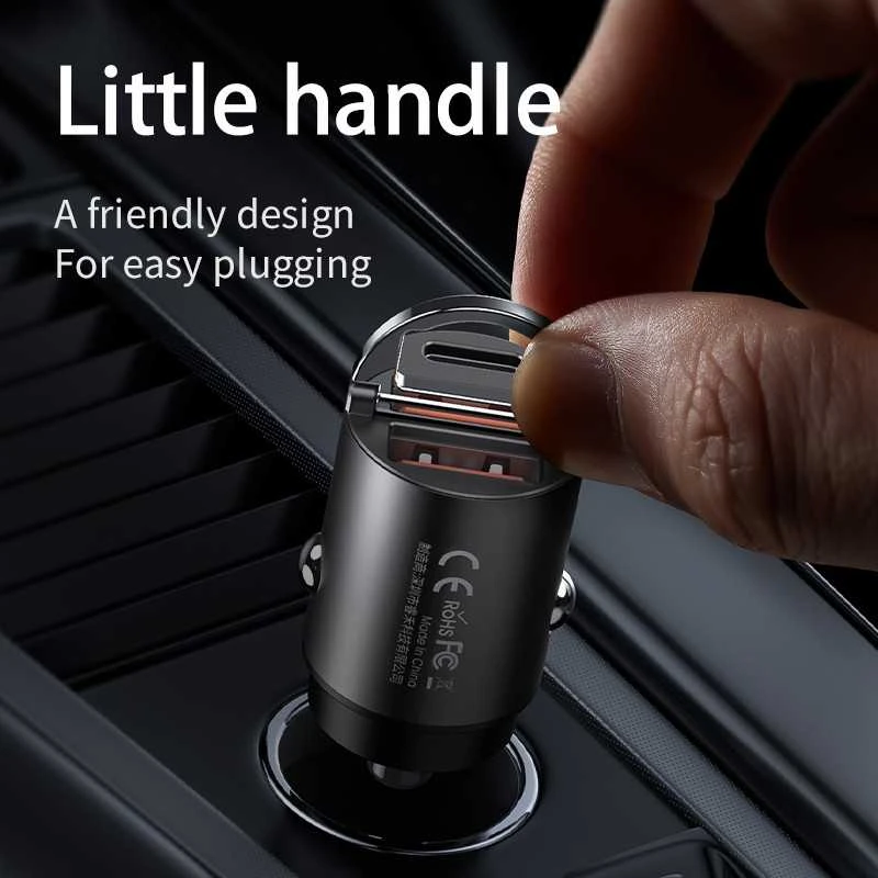 Automobilinis įkroviklis REMAX RCC110 Mini 30W USB + USB-C, greitas: Spalva - Tamsiai pilka
