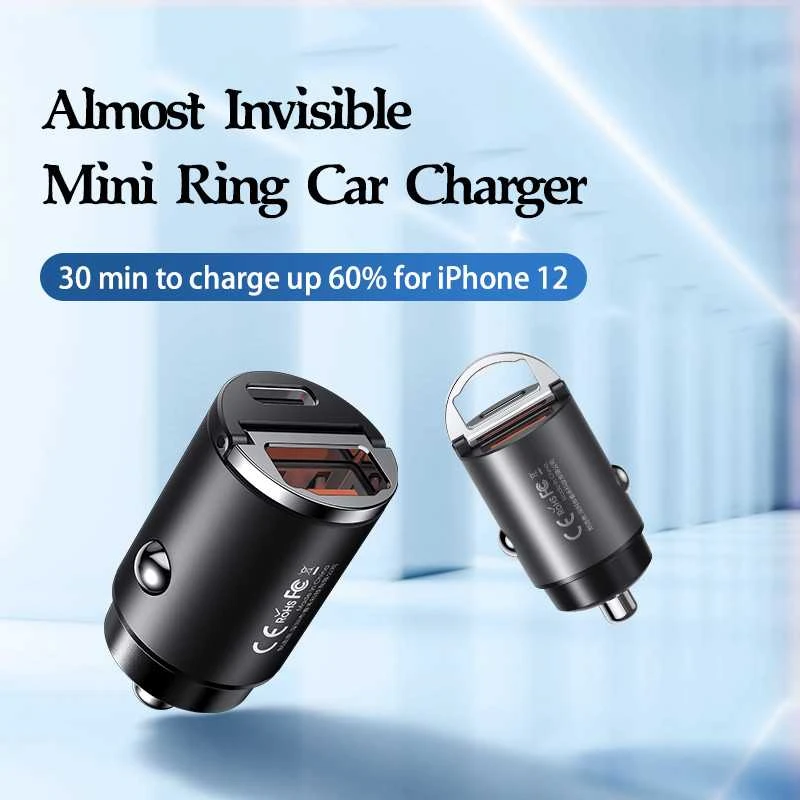 Automobilinis įkroviklis REMAX RCC110 Mini 30W USB + USB-C, greitas: Spalva - Tamsiai pilka