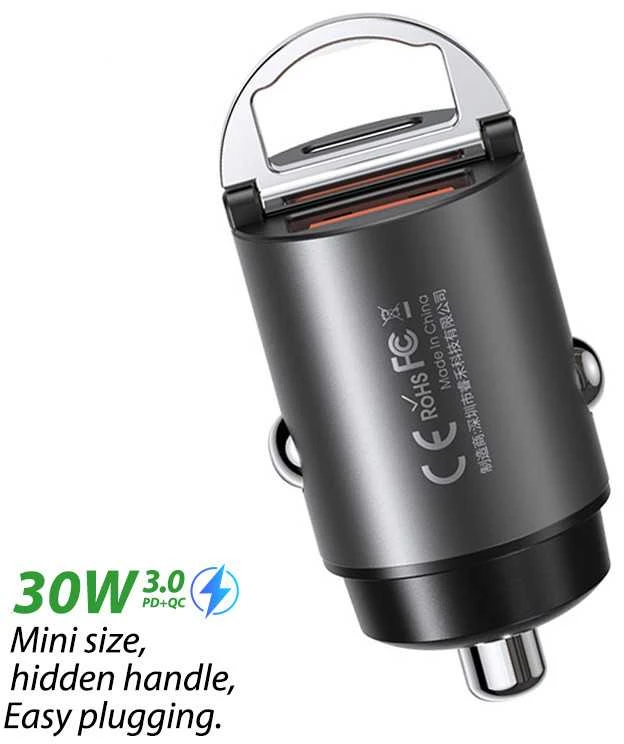 Automobilinis įkroviklis REMAX RCC110 Mini 30W USB + USB-C, greitas: Spalva - Tamsiai pilka
