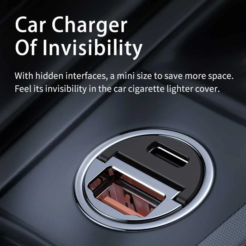 Automobilinis įkroviklis REMAX RCC110 Mini 30W USB + USB-C, greitas: Spalva - Tamsiai pilka