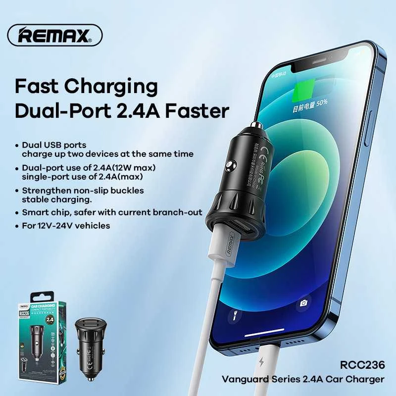 Automobilinis įkroviklis 2x USB, Remax RCC236, 2.4A (juodas) + 3 viename laidas